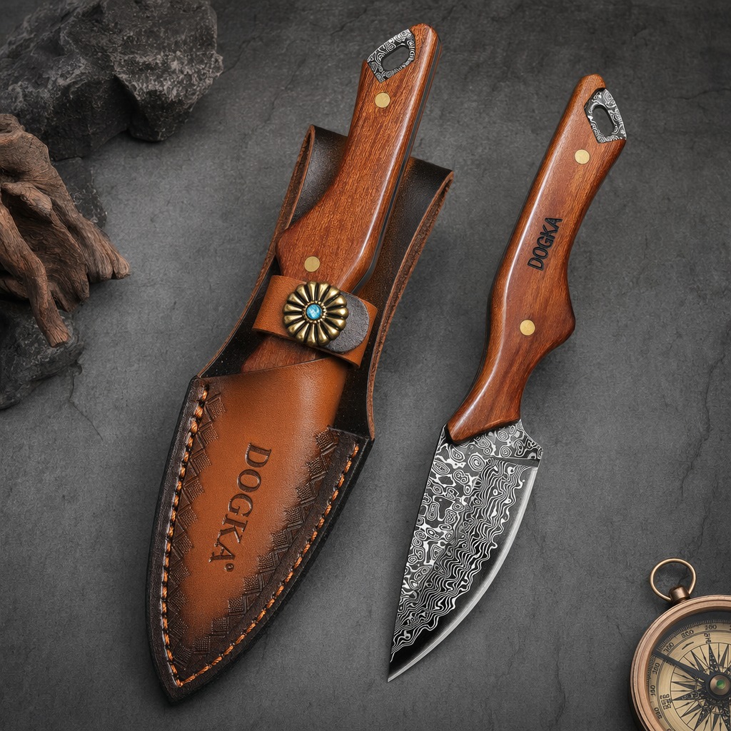 Camping Cooking Knife With Sheath - Damascus Steel Kitchen Utility Knife Solid